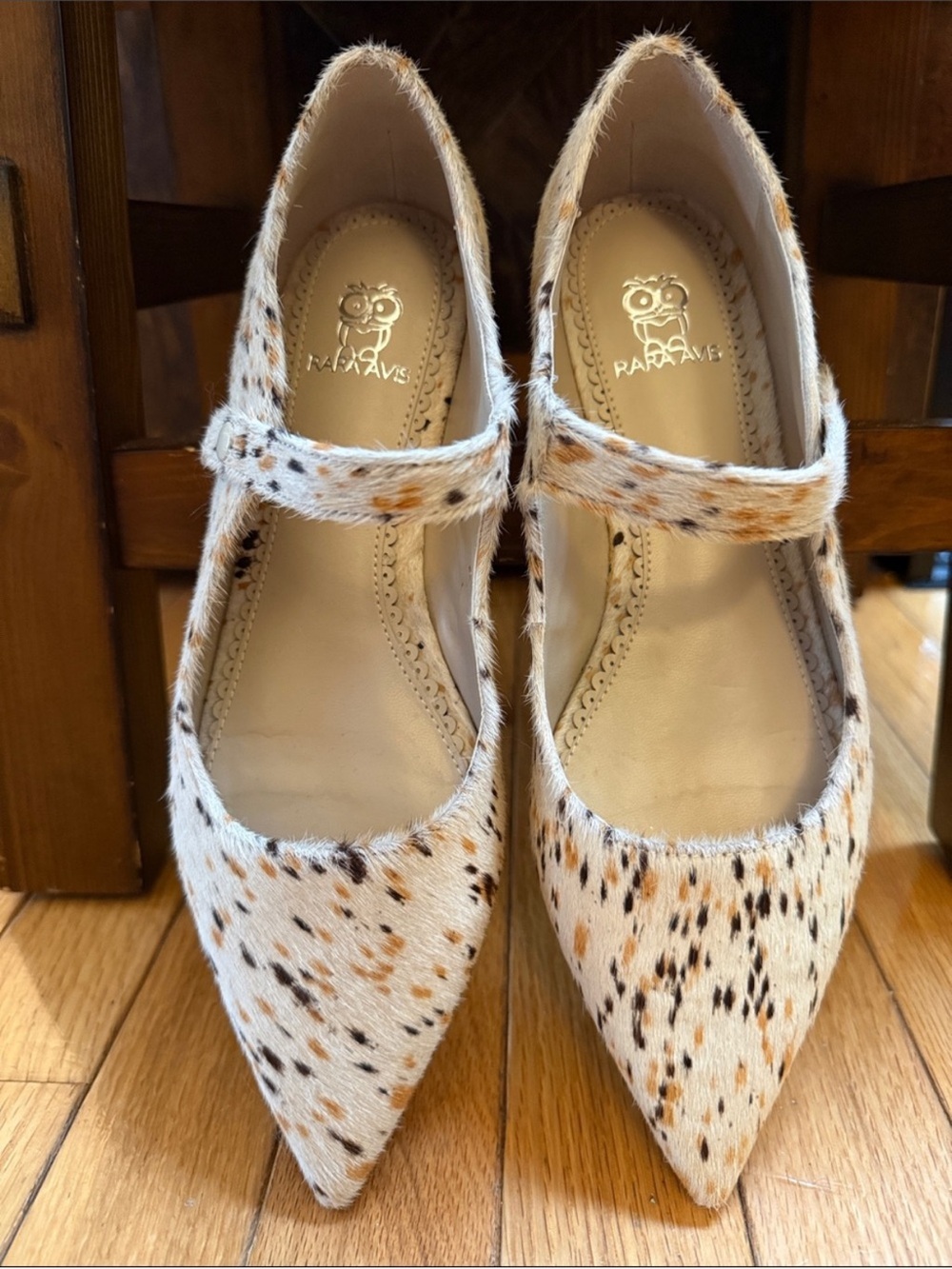Women's Spotted Haircalf Mary Jane Pumps in White/Tan